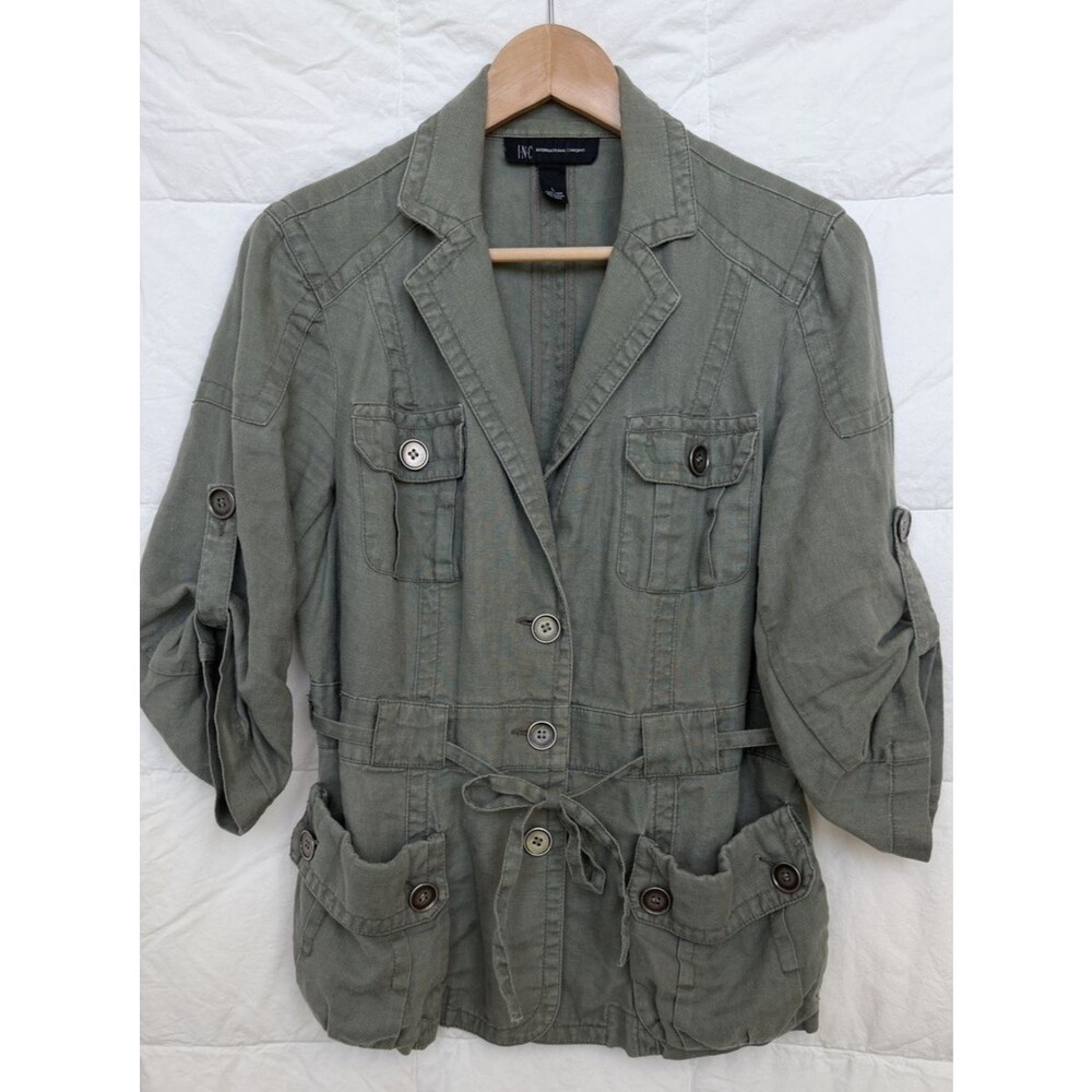 INC International Concepts 100% Linen Utility Olive Green Jacket Women’s L